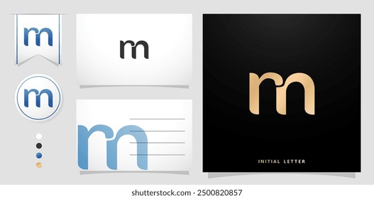 Letter RN and M logo design template elements icon set with business card golden color isolated for company, branding ads campaigns, letterpress, embroidery, covering invitations, envelope sign symbol