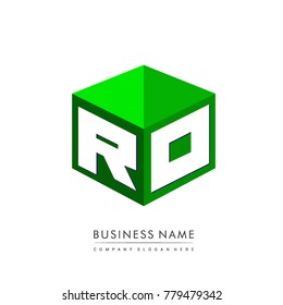 Letter RO logo in hexagon shape and green background, cube logo with letter design for company identity.
