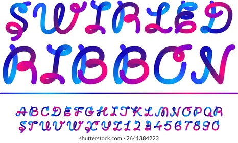 Letter round ribbon written font, color gradient cursive alphabet, 3d line identity typography and numbers. Latin vivid holographic vector text. Rainbow fold abc script, english fusion flexible brush