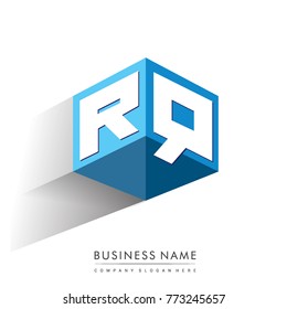 Letter RQ logo in hexagon shape and blue background, cube logo with letter design for company identity.
