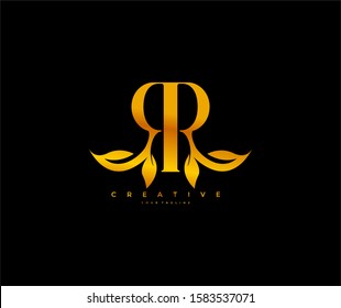 Letter RR Linked Monogram Nature Gold Leaf Logotype Black Background