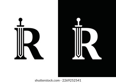 Letter RR mit Schwert-Kombinationskonzept auf schwarz-weißem Hintergrund. Sehr geeignet für Symbol, Logo, Firmenname, Markenname, persönlichen Namen, Icon und vieles mehr.
