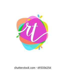 Letter RT logo with colorful splash background, letter combination logo design for creative industry, web, business and company.