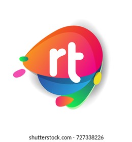 Letter RT logo with colorful splash background, letter combination logo design for creative industry, web, business and company.