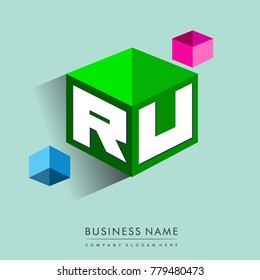 Letter RU logo in hexagon shape and green background, cube logo with letter design for company identity.

