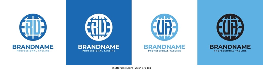 Letter RU and UR Globe Logo Set, suitable for any business with RU or UR initials.