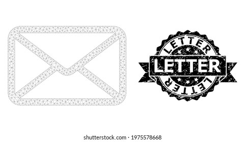 Letter rubber stamp seal and vector letter mesh model. Black stamp seal has Letter tag inside ribbon and rosette. Abstract 2d mesh letter, designed with flat mesh.
