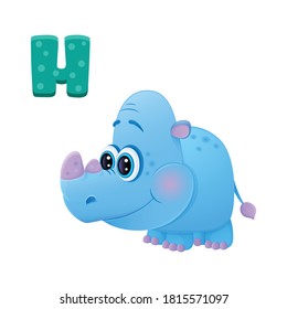 letter of the Russian alphabet and funny cartoon blue kind rhinoceros with big eyes on a white background, card for learning Russian language for kids and schoolchildren, funny alphabet, eps 10