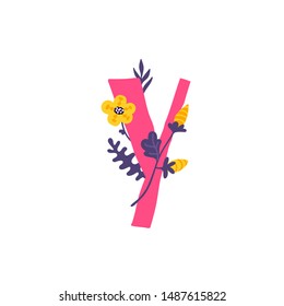 Letter of the Russian alphabet. Vector. Slavic Cyrillic font. Beautiful color letters in plants and flowers. Botany and floristry. Decorative logo.