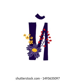 Letter of the Russian alphabet. Vector. Slavic Cyrillic font. Beautiful color letters in plants and flowers. Botany and floristry. Decorative logo.