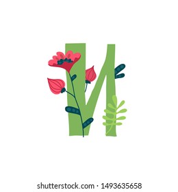 Letter of the Russian alphabet. Vector. Slavic Cyrillic font. Beautiful color letters in plants and flowers. Botany and floristry. Decorative logo.