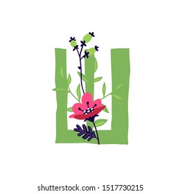 Letter of the Russian alphabet. Vector. Slavic Cyrillic font. Beautiful color letters in plants and flowers. Botany and floristry. Decorative logo.