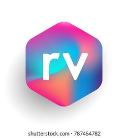 Letter RV logo in hexagon shape and colorful background, letter combination logo design for business and company identity.
