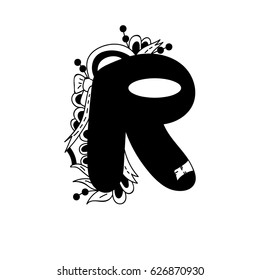 Letter R.Vector illustration, black and white, hand-drawn