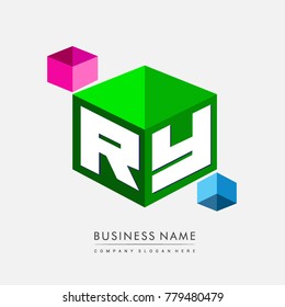 Letter RY logo in hexagon shape and green background, cube logo with letter design for company identity.
