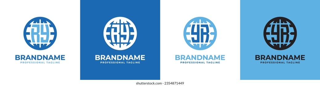 Letter RY and YR Globe Logo Set, suitable for any business with RY or YR initials.