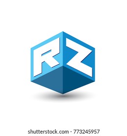 Letter RZ logo in hexagon shape and blue background, cube logo with letter design for company identity.
