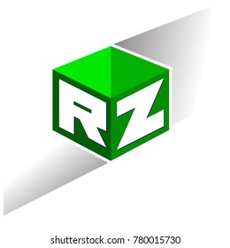 Letter RZ logo in hexagon shape and green background, cube logo with letter design for company identity.
