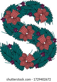 Letter S - 19 letter of the alphabet. Vector hand-drawn monogram composed of flowers, branches and leaves on a white background. 