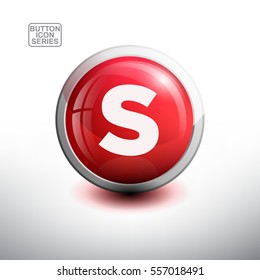Letter S in 3D Glossy Red Button for web Icon, Education Icon and Alphabet Icon. Vector Illustration