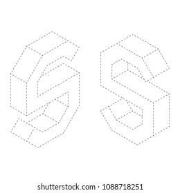 Letter S 3D isometric black and white alphabet font worksheet. coloring page for children education. connect the dots and restore dashed line game. Vector illustration.