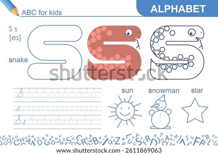 Letter S. Alphabet. Fun ABC for kids. Learning English. Snake. Writing practice and coloring task page. Worksheet for school or home. Sketch vector illustration