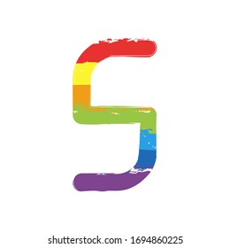 Letter S of alphabet, isolated outline symbol. Drawing sign with LGBT style, seven colors of rainbow (red, orange, yellow, green, blue, indigo, violet
