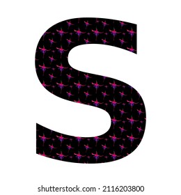 letter S of the alphabet made with a pattern of pink fuchsia flowers on a black background, isolated on white background, vector. with colors pink, red, purple, black and white