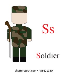 Letter S alphabet of professions. Soldier. ABC education cards for kids.