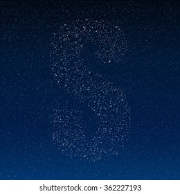 Letter S alphabet with shiny stars, glitters, dots, points on the dark blue night sky. Letters for party, birthday, anniversary or festive. Shining font, type, typeset of sparkles. Vector template.