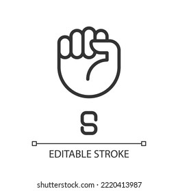 Letter S in American sign language pixel perfect linear icon. Fist gesture. Communication modality. Thin line illustration. Contour symbol. Vector outline drawing. Editable stroke. Arial font used