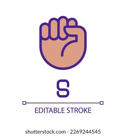 Letter S in American sign language pixel perfect RGB color icon. Fist gesture. Communication modality. Isolated vector illustration. Simple filled line drawing. Editable stroke. Arial font used