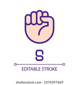 Letter S in American sign language pixel perfect RGB color icon. Fist gesture. Communication modality. Isolated vector illustration. Simple filled line drawing. Editable stroke. Arial font used