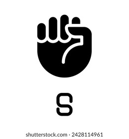 Letter S in American sign language black glyph icon. Fist gesture demonstration. Communication modality. Silhouette symbol on white space. Solid pictogram. Vector isolated illustration