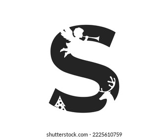 letter s and angel  deer   christmas tree  text element for Christmas   New Year design  isolated vector image in simple style