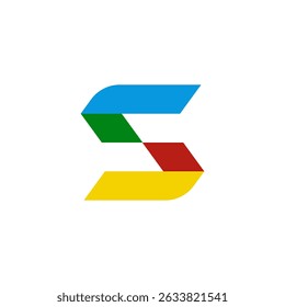  letra "S" com formas geométricas angulares em verde, amarelo, branco, vermelho e azul, criando uma sensação de profundidade e dimensão. Sugere inovação, visão de futuro ou uma marca multifacetada