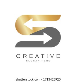 Letra S con icono de flecha elementos de plantilla de diseño de iconos color oro y gris