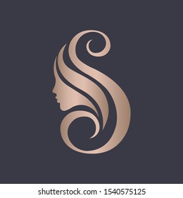 Letter S beauty salon logo.Rose gold metallic shape.Beautiful woman profile view portrait.Lettering icon.Alphabet initial sign for hair, spa and aesthetics business.Modern, elegant, luxury style.