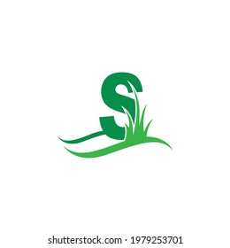 Letter S behind a green grass icon logo design vector template