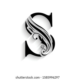 letter S. Black flower alphabet.  Beautiful capital letters with shadow