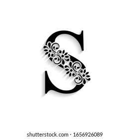 letter S. Black flower alphabet.  Beautiful capital letter with shadow