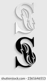 letter S. Black flower alphabet. Beautiful capital letters with shadow