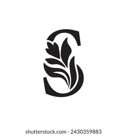 letter S. Black flower alphabet.  Beautiful capital letters with shadow