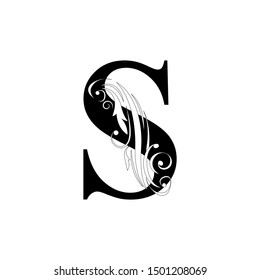 letter S. Black flower letters,  alphabet.  Beautiful capital letter. vector