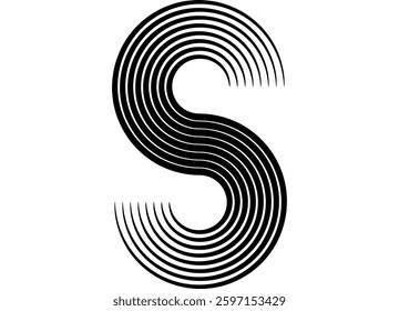 Letter S. Black and white pattern of black twisted parallel lines on a white background.  Vector design element in retro style for covers, advertising, interior, typography.  wall art