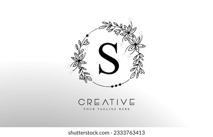 Letter S Botanical Flowers . Initial Wedding Monogram Font Logo. Circle Floral Logo