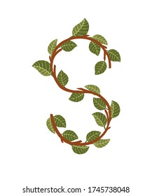 Letra S ramas de árbol marrón con hojas verdes eco fuente vectorial plana aisladas en fondo blanco