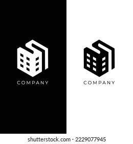 letter s building logo on black and white background