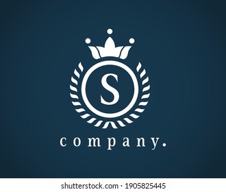 Letter S calligraphic and crown monogram. Laurel elegant beautiful round identity. The vintage emblem for Royalty, Restaurant, Boutique, Hotel, Heraldic, Jewelry, Cafe, Brand name, label. Eps 10.