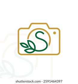 Letter S camera Logo Design with leaf. Initial Letter S With Camera Line Logo Design